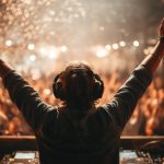 DJ with arms raised in front of a night crowd at an outdoor music event