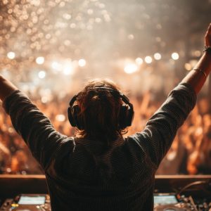 DJ with arms raised in front of a night crowd at an outdoor music event