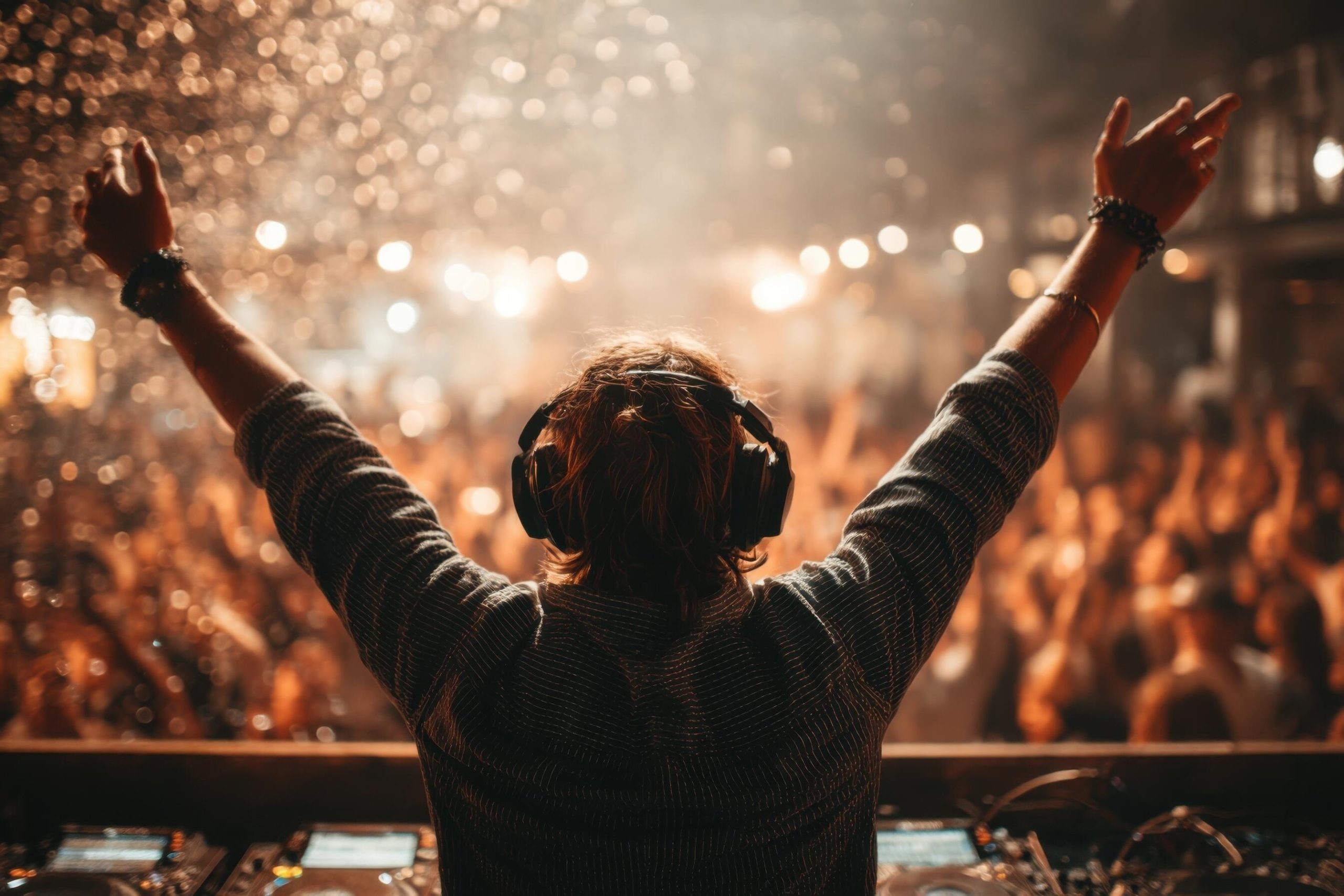 DJ with arms raised in front of a night crowd at an outdoor music event